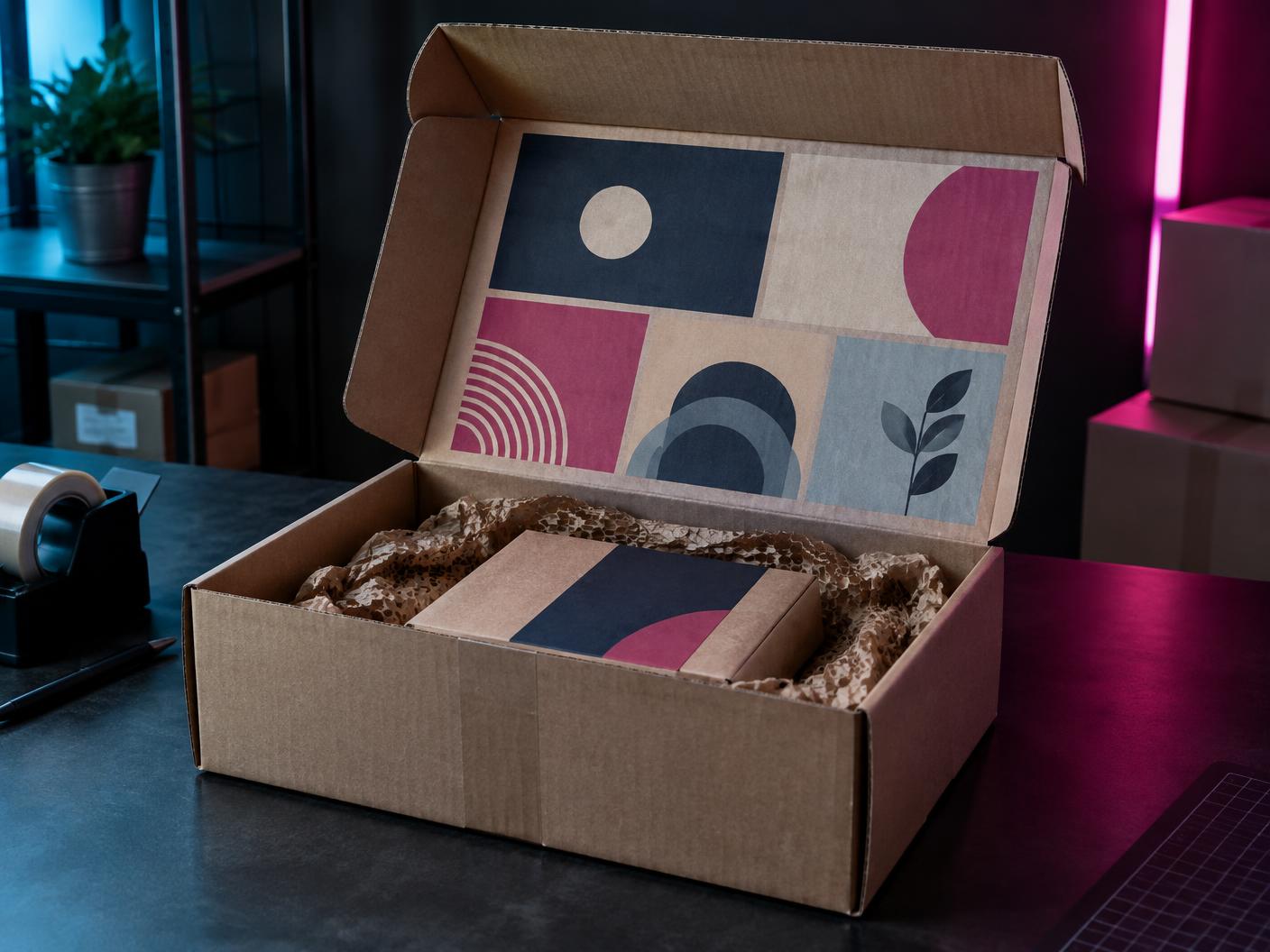 Caja abierta con una cuadrícula modular de espacios publicitarios en la tapa interior